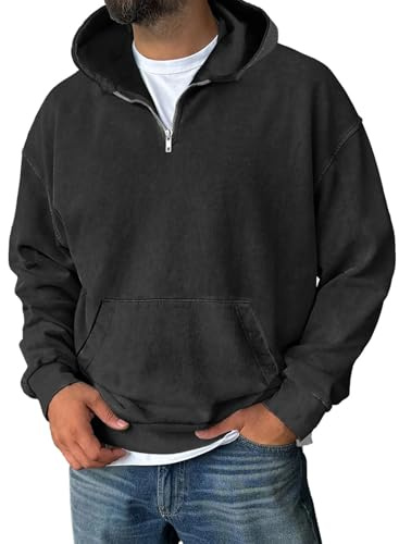 Jersey polar para hombre Vintage Acid Wash Zip 1/4 - Top Casual holgado, manga larga, efecto lavado, otoño e invierno, cómodo y moderno, Le Noir, M