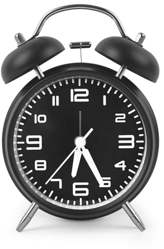 Aitsite Reloj despertador de doble campana con luz nocturna, esfera grande de 4 pulgadas, funciona con pilas, sin tic-tac, despertador fuerte para dormir profundo, diseño retro, carcasa metálica para