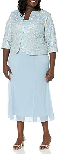 Alex Evenings Women's Tea Length Mother of The Bride Jacket Dress, Formal Events, Wedding Guest (Plus Size), Light Blue Corded, 22W