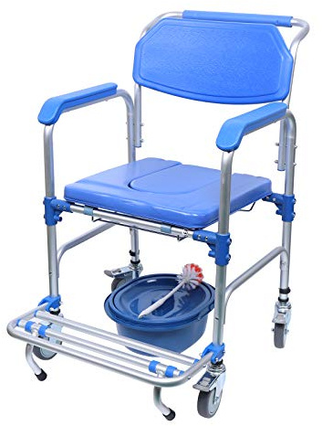 Aluminum Bedside Commode Chair Mobile Waterproof Shower Chair Toilet Commode Wheelchair with 4 Brakes Casters for Elderly Injured and Disabled
