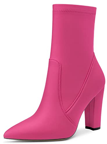 Saekcted Donna Alto High Chunky Blocco Tacco Heel Chiusa a Punta Stivaletti Slip-on Cerniera Cute Dress Scarpe Magenta Rosso Raso 35 EU