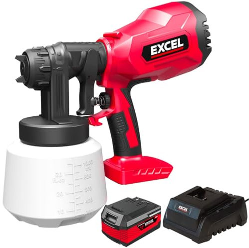 Excel 18V Cordless 1000ml Spray Gun with 1 x 4.0Ah Battery & Charger - 1000ml Tank Capacity, 2 Size Nozzles,3 spray patterns,Cleaning Needle & Brush, 18V Spray Gun
