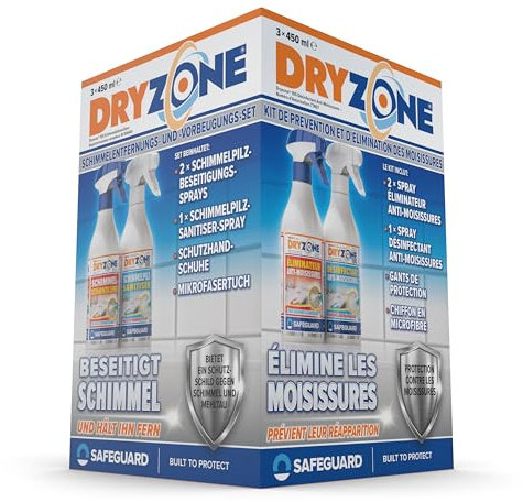 Dryzone Schimmelentferner und Präventionskit (3 x 450ml Spray) - Schimmelspray entfernt Schimmel von Wand und anderen Oberflächen sofort und hält ihn fern | Schimmelreiniger