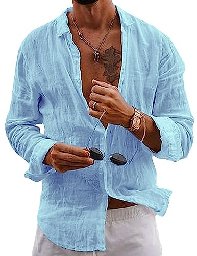 Puimentiua Camicia Uomo Manica Lunga Maglia Lino Estiva Elegante Camicia Coreana Tinta Unita Vacanze Beach