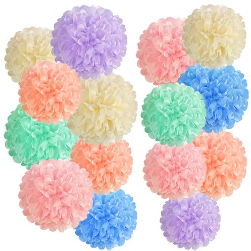 SUNBEAUTY Pastel Party Decorations Pom Poms - 15 Pcs Tissue Paper Pom Poms Colorful Summer Party Decoration for Wedding Table Decor Birthday Baby Shower Prom Garden Boho Bridal Showers