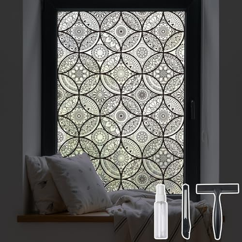 DKTIE Boho Stained Glass Look Window Privacy Film with Installation Tools, Decorative Frosted Glass Window Film Static Cling No Glue Removable, Pure Black, 17.7 x 78.7