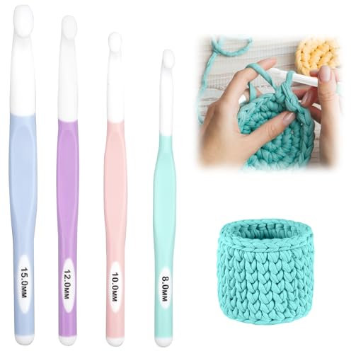 4 Stück Groß Häkelnadel Set, Häkelnadeln 8,0 mm, 10,0 mm, 12,0 mm, 15,0 mm, Häkelnadel mit Langem Griff, Ergonomisch Kunststoff Häkelnadeln für Arthritis, Profis Komfortgriff HäKelnadel
