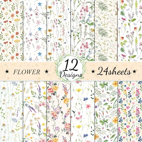 MerwDeeyt 24 Sheets Spring Floral Scrapbook Paper 12x12 Inch Double-Sided | Decoupage Papers, Patterned Card Decorative Paper, for DIY Card Making, Wrap Decoration