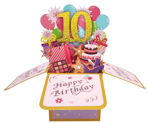Grattis på 10-årsdagen 10-årsdagen pop up-kort för flickor, 10-årig födelsedagspresent idé för dotter brorsdotter, rolig 10-årsdagen 3D gratulationskort för henne