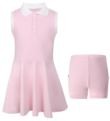 SPFASZEIV Vestito da Tennis per Ragazze con Tasche Separate per Pantaloncini Abito Sportivo da Golf Senza Maniche Polo Tennis Dress 7-8 Anni Rosa