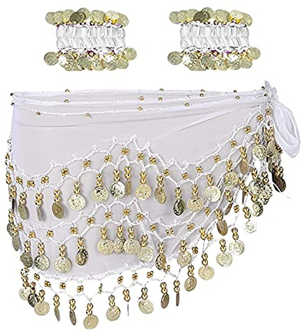 Morices Belly Dance Hip Scarf with Bracelets, Chiffon Scarf Wrap Belt Sash Skirt with Gold Coins for Performance Costume Yoga Class