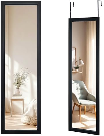 CROWNSHOP Full Length Mirror 110x33cm - Over The Door Mirror with Adjustable Hooks | Wall Mounted Large HD Tempered Glass Full Body Mirrors for Bedroom, Bathroom, Wardrobe (Black)