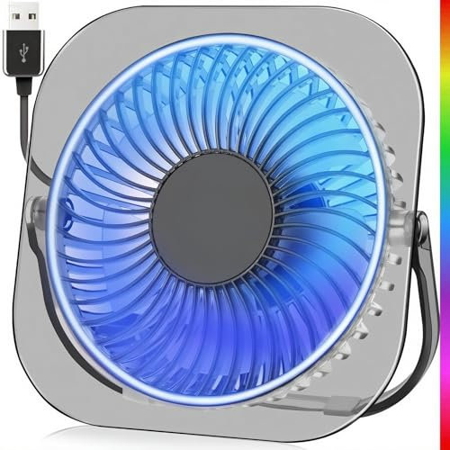 Ventilador de escritorio USB RGB, 3 velocidades, rotación de 180°, 20.000 horas de funcionamiento, base antideslizante, adecuado para el hogar, la oficina y la sala de juegos (Gris transparente)