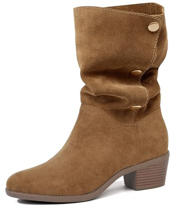 starmerx Womens Suede Mid Calf Boots 3 Way Fold Over Style Chunky Block Heel Booties Fall Winter (9,Brown)