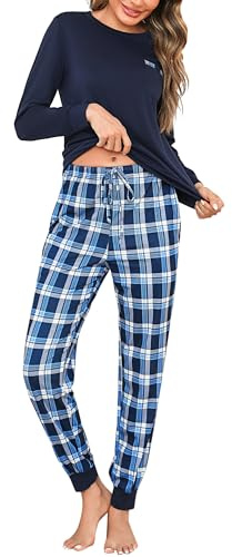 Bresdk Pigiama Invernale da Donna in Cotone con Maniche Lunghe e Pantaloni Lunghi a Quadri