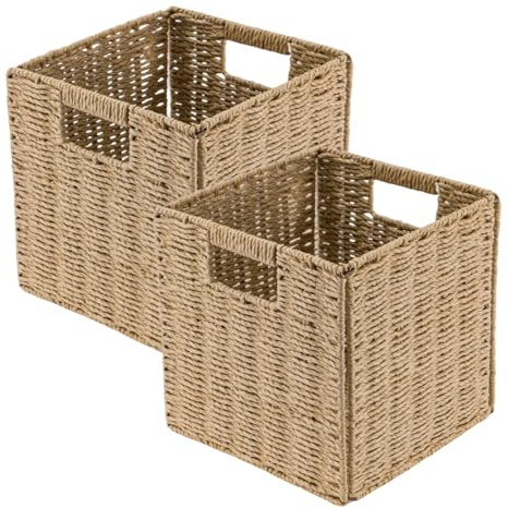 Trintion 2x Faux Wicker Baskets Faux Wicker Organizer Bins with Handles for Shelves Foldable Storage Cubes Storage Baskets for Gifts For Organization & Decoration (Natural, 25x25x25cm)