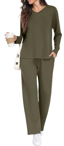 GRECERELLE Conjunto completo de chándal para mujer, conjunto de ropa de descanso para mujer, de manga larga, de dos piezas, sin botones, ropa deportiva casual, cuello en V y pantalones de correr con