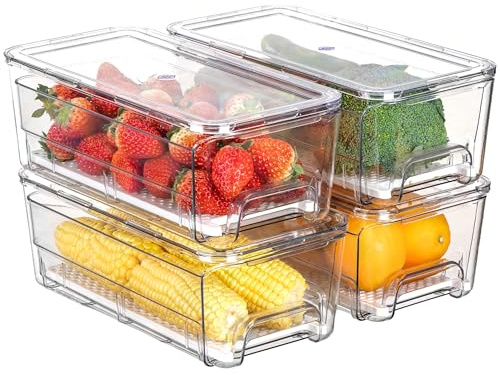 Antimbee Paquete de 4 cajones organizadores para frigorífico, organizador apilable para frigorífico con tapa, caja de almacenamiento para frigoríficos, cocina, despensa, congelador