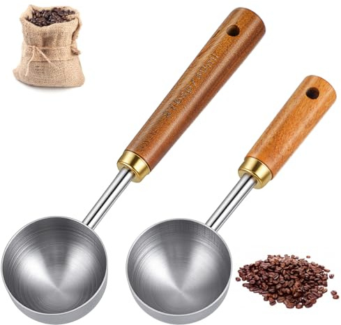 2 Pcs Vintage Coffee Spoon, Coffee Measuring Scoops with Walnut Long Wooden Handle, Retro Stainless Steel Walnut Coffees Spoons Kitchen Utensil for Scooping, Measuring, Serving for Coffees Tea