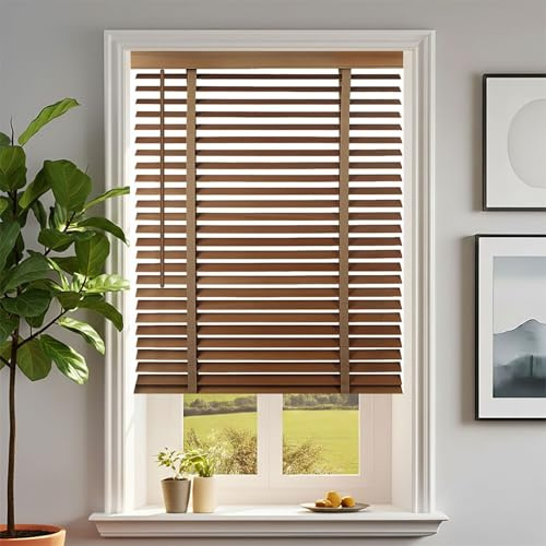 Genérico Persiana Veneciana de Madera Natural, Estores Venecianos De Sin Cables Lamas de 5cm 170 180 140 160 165cm Horizontales Blackout Cortinas De Privacidad(Color de Café)