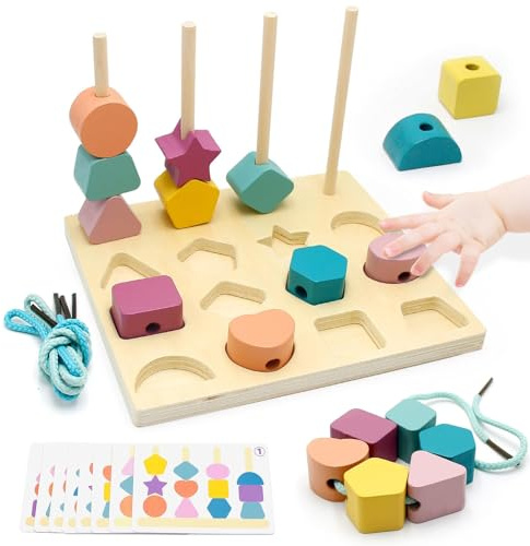 Giocattolo Montessori 3 in 1 per bambini dai 3 ai 5 anni, include gioco a incastro, gioco di fili e mattoncini da costruzione, giocattolo per abilità motorie, assortimento in legno e giocattoli