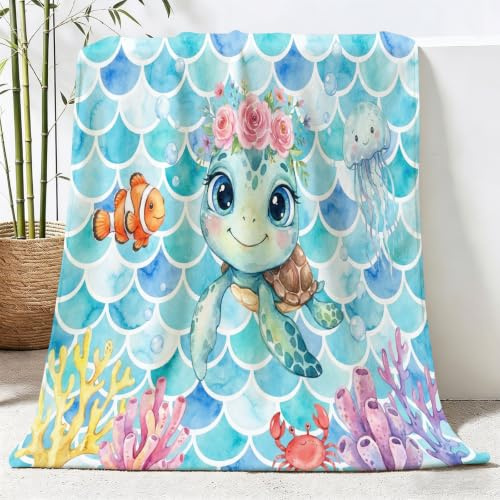 Akvarell tryckt flanellfilt blågrön, mjuk sherpa 100 x 130 cm noppfri gosig filt för soffa säng dekoration resor camping, tecknat havsdjur havssköldpadda lättskött sofftäcke