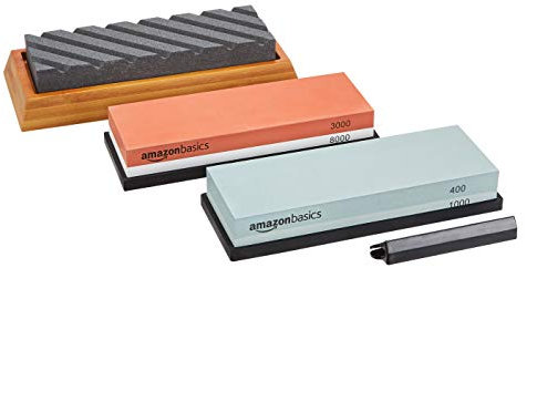 Amazon Basics Kit con cote per affilare coltelli, double-face, grana 400/1000 e 3000/8000, con pietra per livellare e base antiscivolo in bambù, 3 unità, multicolore, 22,5 x 15,2 x 7,3 cm