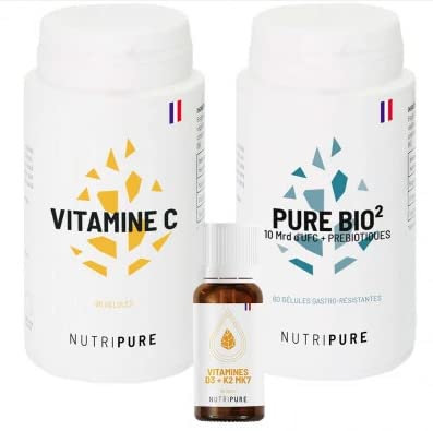Nutripure | Pack Immunité 4 Compléments Alimentaires | Vitamine C, D3 K2, Pure Biotiques | Boost Immunitaire, Flore Intestinale, Réduit la Fatigue | Sans OGM, Gluten, Lactose | Fabriqué en France
