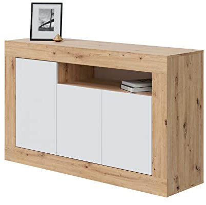 Habitdesign Aparador 3 Puertas, Buffet para Salon, Armario Auxiliar, Modelo Baltik, Acabado en Color Blanco Artik y Roble Nodi, Medidas: 144 cm (Ancho) x 87 cm (Alto) x 42 cm (Fondo)