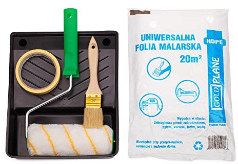 Mivos Juego de Pintor de 6 Piezas para Renovar y Pintar – Rodillo de Pintura de 18 cm – Pincel de Pintura de 36 mm – Bandeja de Pintura 28x23 cm – Lámina Protectora 4x5 m – Cinta de Crepe