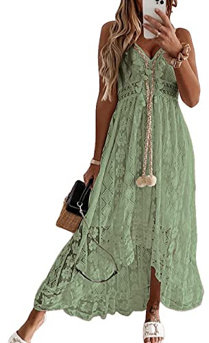 CUPSHE Damen Sommerkleid V Ausschnitt Floral Spitze Quasten Spaghetti Trägerkleid Freizeitkleider Hi-Low Party Boho Beach Maxi Dress Grün M