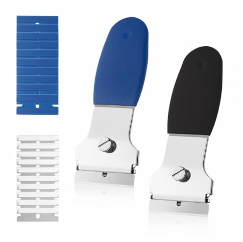 Rechabite 2 Pack Razor Blade Scraper, Multi-Purpose Cleaning Remover Tool, with 10 Metal & 10 Plastic Blades, for Glass Caulk, Adhesive, Wall, Stovetop, Paint, Window, Sticker, Tile, Label Decals