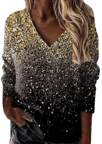 FNKDOR Sweats Femme Imprimé Ciel Étoilé Pailleté Sweatshirts Chic Col en V Pullover Top Printemps Automne T-Shirts à Manches Longues Décontractée Lâché Tunique Haut Blouses(D Or,XXL)