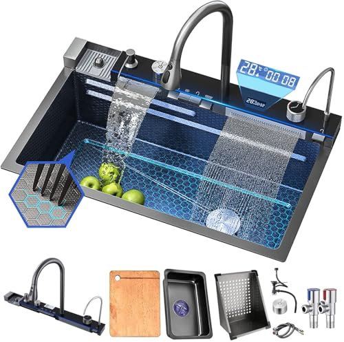 Fregadero de cocina negro Fregadero multifuncional Fregadero en cascada de acero inoxidable Fregadero de cocina para estación de trabajo de un solo tazón con grifo con pantalla digital (75x45x22CM)