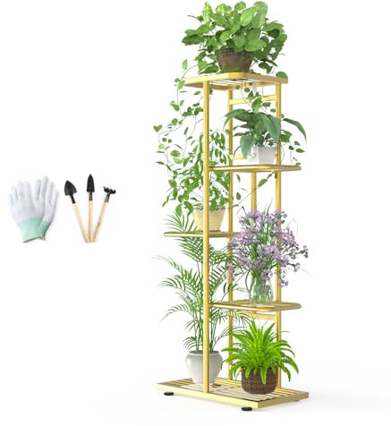 MAIJIAJU 5 Etagen Blumenständer mit Gartengeräte und Handschuhe, 95cm Hoch Pflanzenständer Metall Innen Außen, Mehrstöckig Blumenregal Pflanzentreppe Eckregal Stehend für Garten Balkon Deko Gold