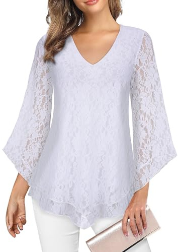 Gemulate White Tops for Women UK Ladies V Neck 3/4 Bell Sleeve Top Long Chiffon or Lace Sleeves Top Work Blouse Dressy Tunic Evening Sparkly Shirt- White, XXL