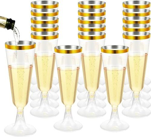 YZDZSW Toasting Glasses, 25 PCS Champagne Flutes, Disposable Clear Plastic Toasting Glasses for Wedding Party Cocktail Mimosa Plastic Cups (Gold)
