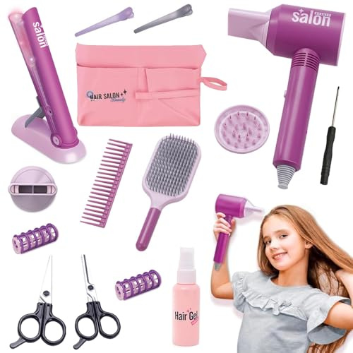 Estilismo y Peluquería Conjunto Juego Belleza,Set de Juegos de 14 Piezas de Salón de Belleza para Niñas,Pretend Maleta de Maquillaje para Niños,Juego de rol para Niñas 3+ Años.