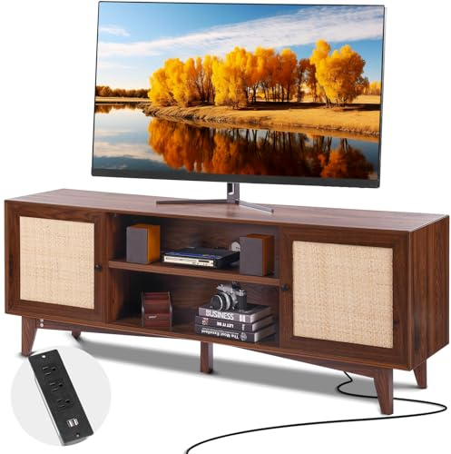VEVOR Mobile TV in Rattan 1905 mm, Supporto TV Boho con Anta in Rattan, Centro Intrattenimento con Presa Integrata, Armadietto 2 Ripiani, Console TV Moderna per Soggiorno, Sala Multimediale, Noce
