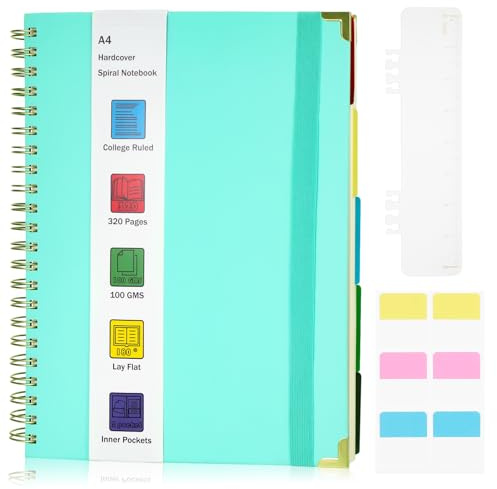 JIANTA Anteckningsblock A4-linjerat, A4-ringblock anteckningsbok med lined– 320 ark, bullet journal 100 GSM, 5 fack, inbunden blå, anteckningsbok collegelinjerat för kontor, skola, universitet, arbete