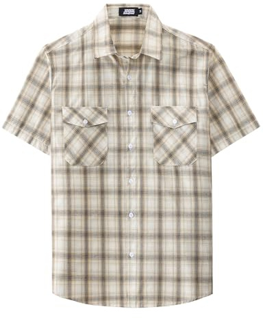 JOGAL Mens Plaid Button Down Shirts Mens Short Sleeve Western Shirts Two Pocket Regular Fit Mens Button Up Casual Shirts Beige Small
