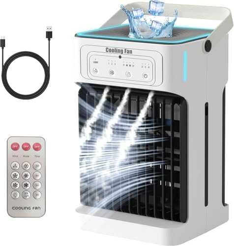 YFFU Mobile Klimaanlage mit Fernbedienung 1100ml Doppelmotor+Doppellüfter,4-in-1 Mini Klimagerät Mobile USB Luftkühler mit 6 Farben Licht,3 Geschwindigkeiten,3 Nebelmodi für Zuhause Zimmer,Silberweiß