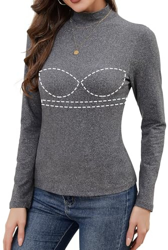Joyshaper Maglia Donna Maniche Lunghe Collo Alto Camicetta Termica Top con Reggiseno Incorporato Turtle Neck Shirts Canottiera Intima, Grigio, L