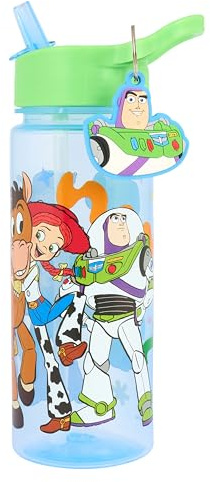 Disney Toy Story Water Bottle with Straw, 500ml Polypropylene, Blue, Buzz Lightyear Keyring Charm, Featuring Woody, Rex, Jessie, Bullseye Characters