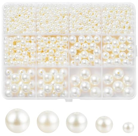 1200 Piezas Cuentas de Perlas de Imitación Blanco roto con Agujero, Kit Surtido 4-12mm para Joyas, Bolas Redondas Satinadas para Collares Pulseras, Manualidades y Decoración de Bricolaje en Caja