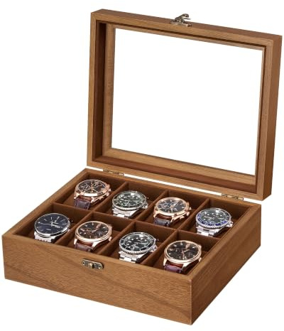ProCase 8 Slot Wooden Watch Display Case With Glass Lid, Organizer | Elegant Wooden Watch Box With Glass Lid And Soft Lining For Men And Women, Ideal For Home Display And Birthday Gifts - Wood
