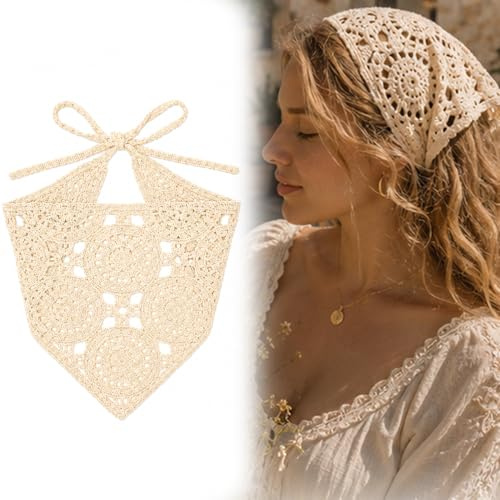 Ivory Boho Crochet Head Scarf for Women - Soft Tie Back Knit Bandana Headwrap with Floral Crochet Pattern, Lightweight Beach Festival Hair Accessory for Summer Holiday Styling & Daily Wear