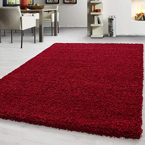 Teppium Moderner Hochflor Teppich Wohnzimmer 250x350 (240 x 340 cm) Rot - Shaggy Flauschiger Teppich, Extra Weich, Pflegeleicht und Einfarbig - für Schlafzimmer, Küche und Esszimmer