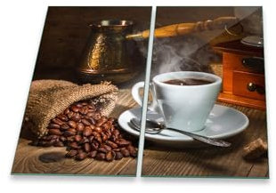 Herdabdeckplatte Abdeckung Ceranfeld Abdeckplatte Schneidebrett 2-Teilig 60x52 Kaffee Kaffeebohnen Weiss Spritzschutz Glasplatte Ceranfeldabdeckung Herdschutz Sicherheitsglas Glasschneidebrett 2x30x52