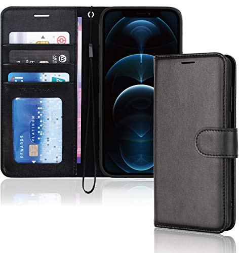 TECHGEAR iPhone 12 Pro Max Leather Wallet Case, Flip Protective Case Cover with Wallet Card Holder, Stand and Wrist Strap - Black PU Leather with Magnetic Closure Designed for iPhone 12 Pro Max 6.7